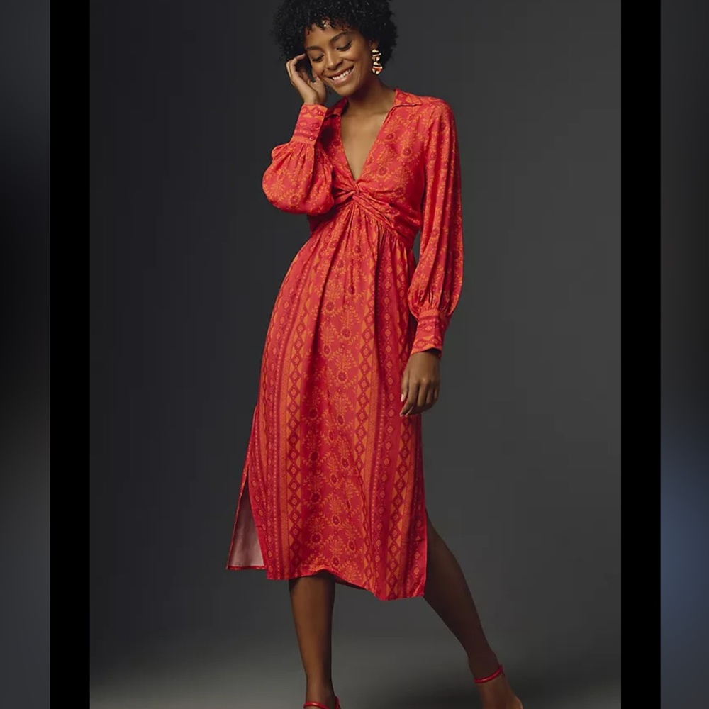 Farm Rio Long-Sleeve V-Neck Printed Tie-Front Midi Dress